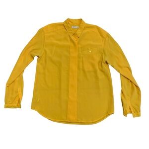 Vintage 80s Liz Claiborne Yellow Silky Blouse Button Down Shirt Size 6